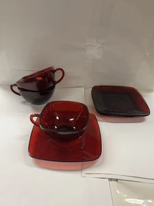 (3) Vintage Anchor Fire King Hocking Charm Ruby Red Square Cup & Saucer Sets USA - Picture 1 of 13