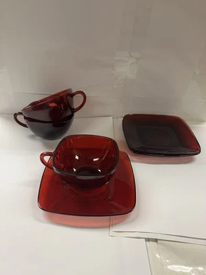 (3) Vintage Anchor Fire King Hocking Charm Ruby Red Square Cup & Saucer Sets USA - Image 1 of 4