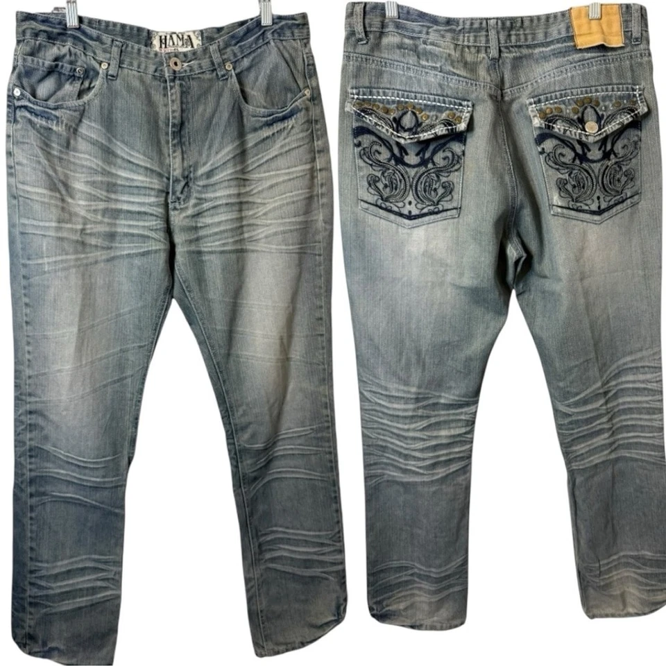 Pantalones de mezclilla vintage Y2K Hama para hombre 36x32 bordados con solapa bolsillo desgastados ropa de calle Foto 1 de 4