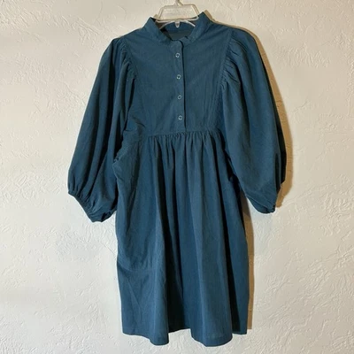 Vestido midi de pana verde azulado pequeño manga abullonada botón delantero Cottagecore Lagenlook Foto 1 de 4