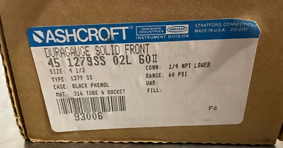 Ashcroft 4 1/2" Duragauge Solid Front 0-60 PSI, 1279SS Connection 1/4 npt lower - Image 1 of 4