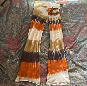 s American Apparel tie dye Yoga Pants flare orange black brown foldover boho - Picture 1 of 11