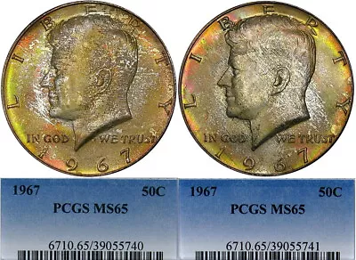 PAIR OF 1967 NEON ROLL-END RAINBOW KENNEDY HALVES ~ BOTH PCGS MS65! - Image 1 of 4