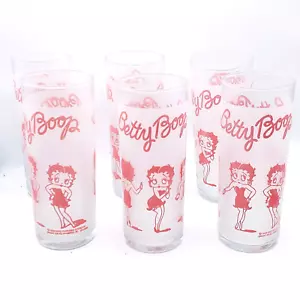 6 Vintage Betty Boop Pink Frosted Drinking Glasses Slim 1988 King Set Of Six - Picture 1 of 9