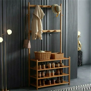 Large Wooden 5 Tiers Hat Coat Stand Clothes Shoe Rack Hanger Hooks Shelf Storage - Picture 1 of 12