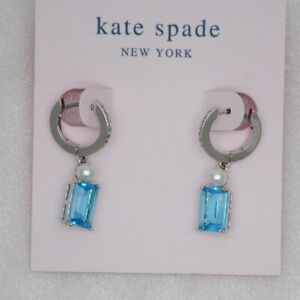 Kate Spade Rhodium Plated Blue Cut Crystals Rectangle Post Stud Earrings Pearl