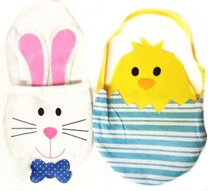 2 x Easter Hunt Felt Treat Bags Yellow Chick Bunny Rabit Egg Gift Party Basket - Picture 1 of 2