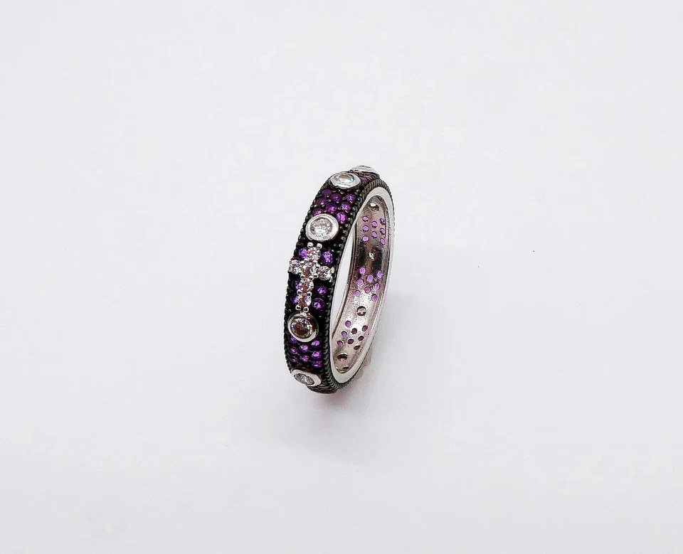 ANELLO ROSARIO BLACK RODIUM CON ZIRCONI BIANCHI E AMETISTE IN ARGENTO 925 RODIO - Immagine 1 di 2