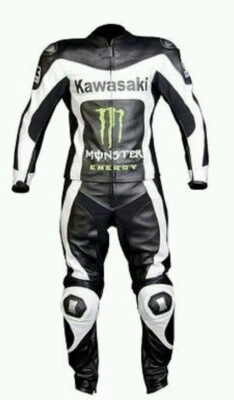 KAWASAKI Hommes Combinaison de Moto en Cuir Courses Moto en Cuir Veste Pantalon - Photo 1/4