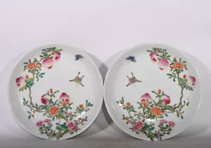 A Pair Beautiful Chinese Hand Painting Famille Rose Porcelain Flowers Bird Plate - Picture 1 of 9