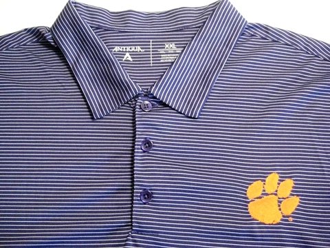 EUC- CLEMSON TIGERS Embroidered Purple Striped Polo Shirt- Size XXL by ANTIGUA Cover