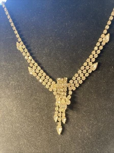 Signed JEWELRY FASHIONS Clear Rhinestone Dangling Runway Vtg Necklace 16” Tear d - Picture 1 of 18