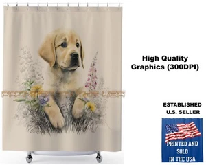 Golden Retriever Puppy Dog Floral Watercolor Art #4 Bathroom Shower Curtain - Picture 1 of 5