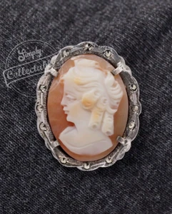Vintage 925 Sterling Silver & Marcasite Cameo Brooch/Pendant - Picture 1 of 9