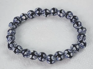 Blue And White Japanese Floral Ceramic Bead Stretch Bracelet 7.5" Sizable - Picture 1 of 5