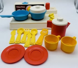 LOTE DE OLLAS ESTUFA DE COCINA VINTAGE FISHER PRICE DIVERSIÓN JUEGO COMIDA #919 PLATOS SUPERIORES - Imagen 1 de 14