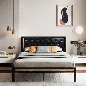 12.5” Metal Platform Bed Frame with Faux Leather Upholstered Headboard, Black - Picture 1 of 34
