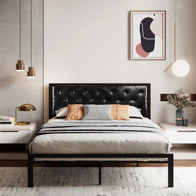 12.5” Metal Platform Bed Frame with Faux Leather Upholstered Headboard, Black - Image 1 of 4