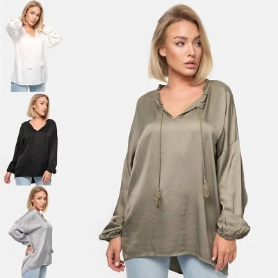 PM Selected Damen Bluse mit Rüschenkragen V-Ausschnitt Seide Anteil Satin PM06 - Bild 1 von 4