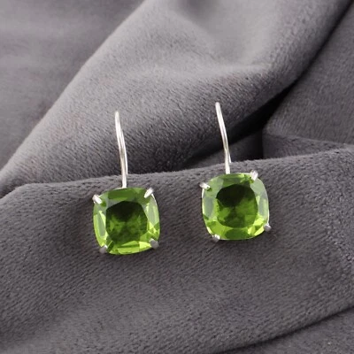 Peridot Gemstone Stud Style Hook Earrings 925 Sterling Silver Handmade Jewelry - Image 1 of 4