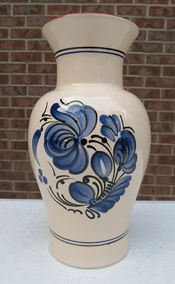Very Nice 9" Cream Blue Tan Ceramic Vase with Nice Floral Motif  - Image 1 of 4