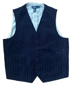 Vintage POLO Ralph Lauren XL Suit Vest Pinstripe Wool Silk Waistcoat Navy RARE - Picture 1 of 5