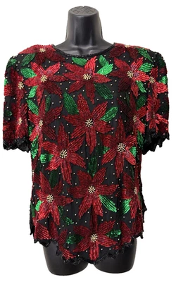Top de seda vintage Scala Poinsettia lentejuelas cuentas Navidad grande Foto 1 de 4