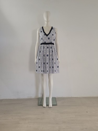 Abito Moschino blu gessato UK 10 EU 38 ricamato floreale midi sole swing tè