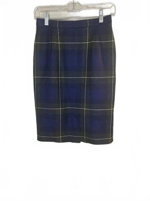 Escada Margaretha Ley Blue Yellow Plaid Tartan Wool Pencil Skirt Size 34 US 4 - Image 1 of 4