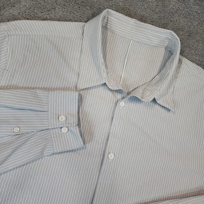 Camisa Lululemon Venture Hombres XL Blanca Azul Rayas Abotonada Manga Larga Informal Foto 1 de 4