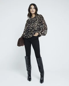 River Island Womens Brown Animal Long sleeved Blouse Size 14 - Picture 1 of 11