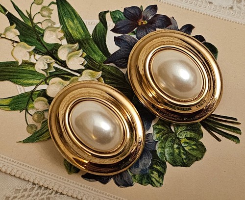 Clip Ovale Vintage CHRISTIAN DIOR Germania Placcata in Oro Finta Perla Ovale RARA