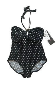 Coco Reef One Piece Swimsuit 36D Black Gray Polka Dots Bandeau Halter Tie Back - Picture 1 of 9