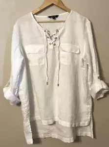 Tunica donna Ellen Tracy XL lino gesso bianco stringata rotolo linguetta maniche tasche - Foto 1 di 7