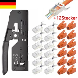RJ45 Crimpzange + 12 Cat7 Stecker Set Netzwerk Werkzeug Lan Kabel Zange Cat 7 /6 - Bild 1 von 7
