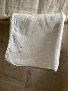 Antique French Rustic Woven Linen Farmhouse Tablecloth 1900 Mono MG 43” x 75” - Picture 1 of 10