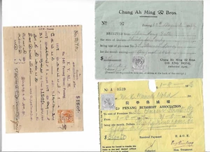 1939, 49 & 56 PENANG BUDDHIST ASSOC 3 RECEIPTS MALAYA STAMPS , CHUNG AH MING +1 - Picture 1 of 2