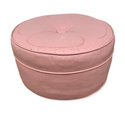 Mid Century MCM Vinyl Footstool Vintage Ottoman Foot Rest Pink Round w/ Casters - Image 1 of 4