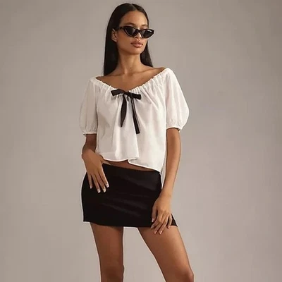 Blusa Reformation Top Mujer Extra Pequeña Kenna Bow Blanca Negra Cuello Redondo Fluido Foto 1 de 4
