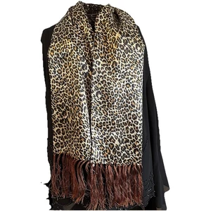 Animal Print Silk Fringed Scarf Silky Satin Feel Leopard Sophisticated Elegant - Picture 1 of 6