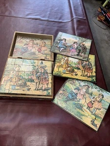 Antik/Vintg 6-seitiges viktorianisches Kinder Holzblock Puzzle Set mit Box Deutschland - Bild 1 von 13