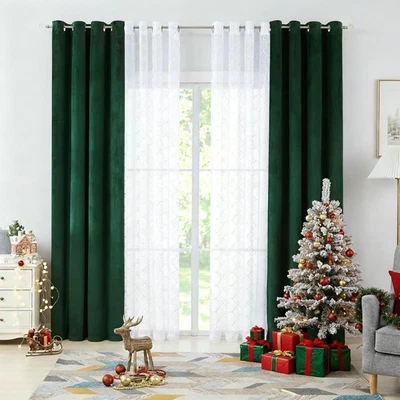 4 Piece Mix and Match Green and White Velvet Curtain Set 95 Inch for Spring Livi - Image 1 of 4