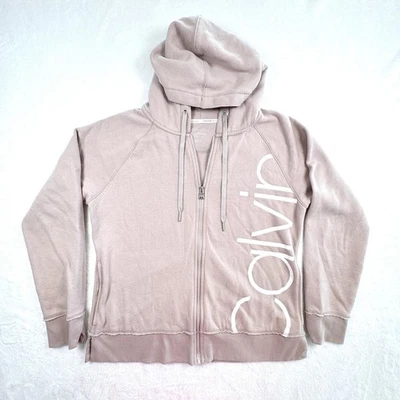 Sudadera con capucha Calvin Klein Performance para mujer grande rosa polvoriento cremallera completa logotipo deletreado Foto 1 de 4