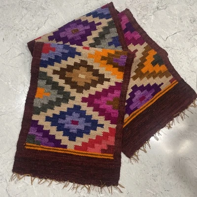 Handcrafted Woven Wool Table Runner 60” X 11.5” Rich Vibrant Colors - Image 1 of 4