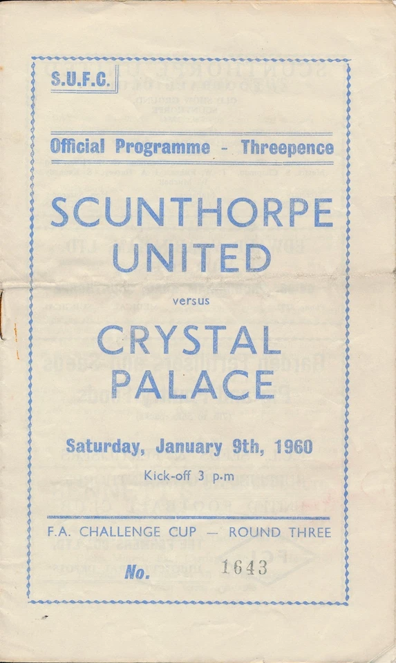 Scunthorpe United v Crystal Palace (FA Cup) 1959/1960 - Football Programme - Image 1 of 1
