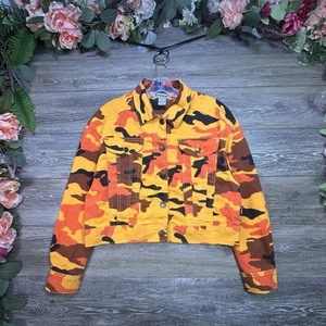 Camouflage JEAN JACKET ORANGE Size Large Women’s Crop Camo Creamy - Picture 1 of 19