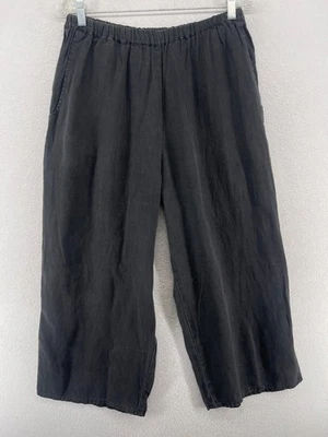 Pantalones FLAX M Jeanne Engelhart Lino Recortado Pierna Ancha Cintura Elástica Negro Foto 1 de 4