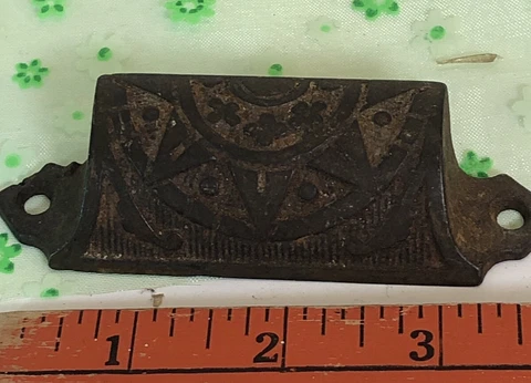 Antique Victorian Ornate Cast Iron Bin Apothecary Cupboard Drawer Pull L-106 Cover