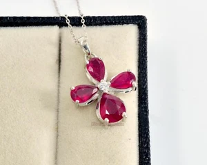 Natural Ruby 925 Sterling Silver July Birthstone Flower Pendant Necklace - Picture 1 of 10