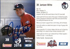Jantzen Witte Signed 2016 Dunkin' Donuts NESN Pawtucket Red Sox #NNO Card